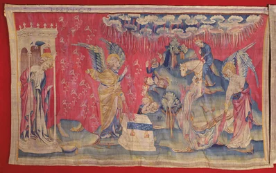 Der fünfte und sechste Krug: Die fünften und sechsten Engel gießen ihre Krüge auf den Thron und in den Fluss Euphrat, aus dem Apokalypse-Wandteppich von Angers, 1373-1387